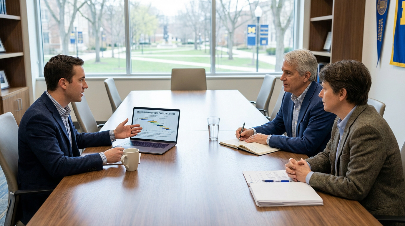 Deux professionnels analysant des données sur un ordinateur portable lors d'une réunion.