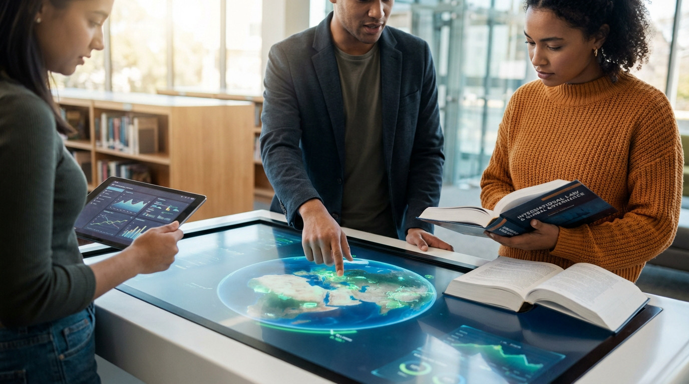 Personnes étudiant une carte du monde interactive sur une table tactile.