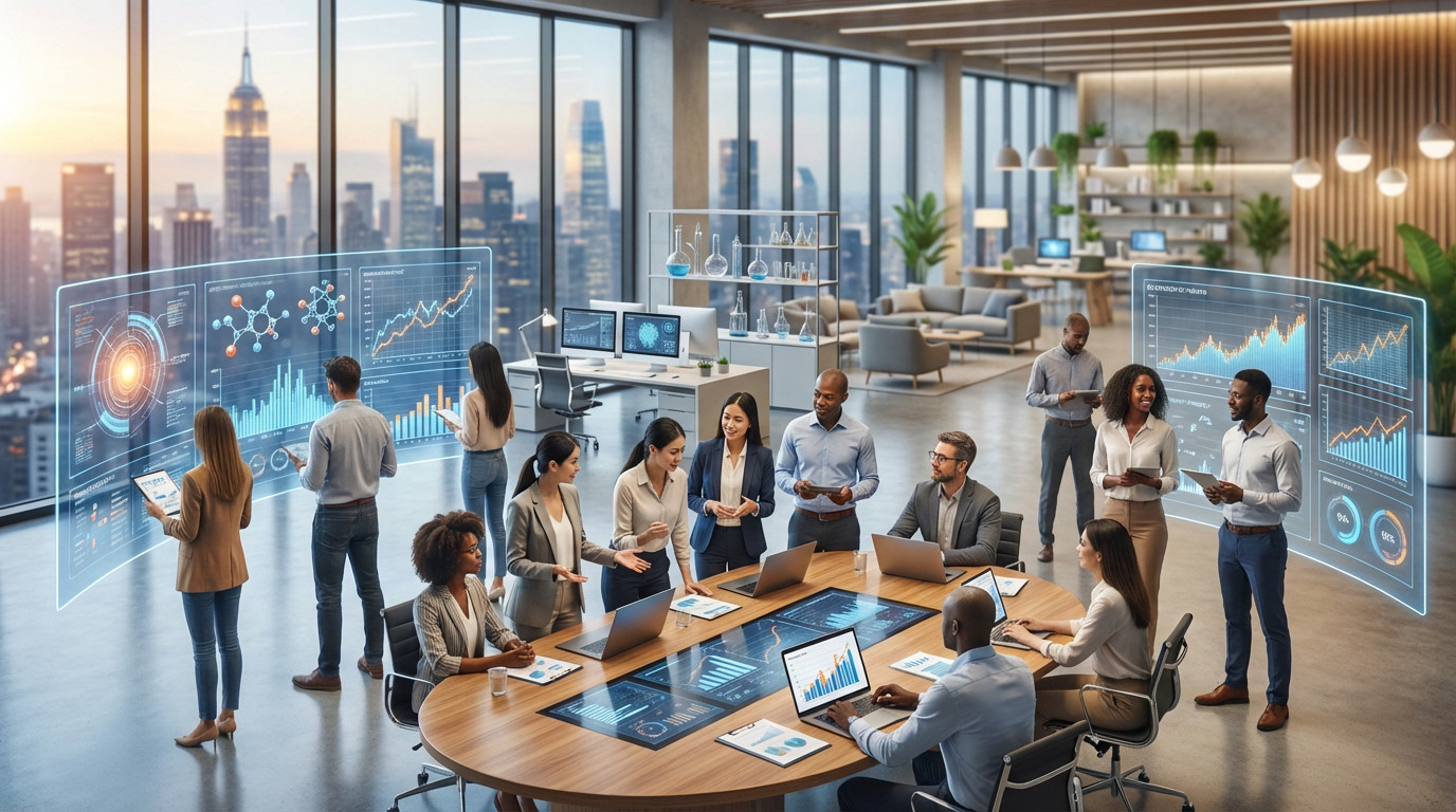 Réunion de direction dans un bureau moderne surplombant une skyline, avec des professionnels collaborant autour d'une table digitale affichant des données stratégiques.