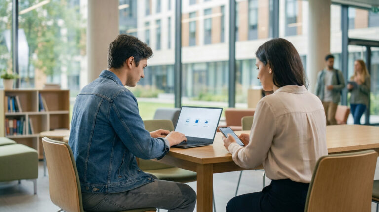 Deux étudiants ou collègues travaillant en collaboration dans un espace moderne et lumineux, l'homme sur un ordinateur portable et la femme sur son smartphone.