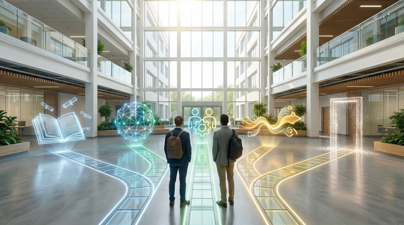 Deux professionnels ou étudiants face à un carrefour de carrière, symbolisé par deux chemins lumineux et des figures numériques représentant deux parcours de vie distincts.