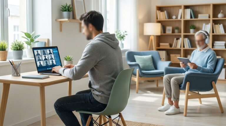 Homme participant à une réunion en ligne ou à une session d'e-learning sur son ordinateur portable, installé dans son bureau à domicile confortable.