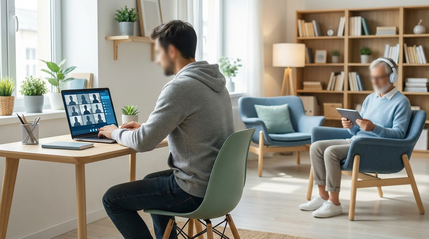 Homme participant à une réunion en ligne ou à une session d'e-learning sur son ordinateur portable, installé dans son bureau à domicile confortable.
