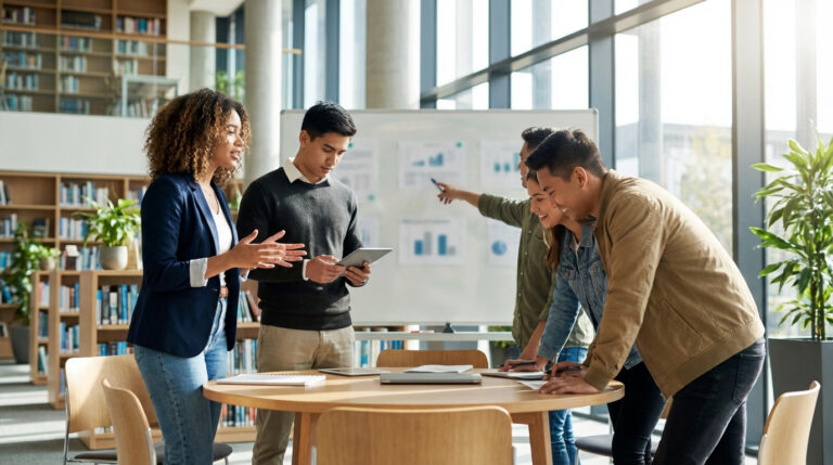 Réunion d'équipe de jeunes professionnels analysant des données et des graphiques sur un tableau blanc dans un bureau moderne.