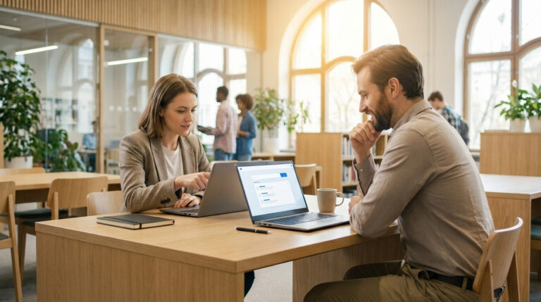 Deux collègues ou professionnels travaillant côte à côte dans un bureau moderne et lumineux, l'un remplissant un formulaire en ligne sur ordinateur portable.