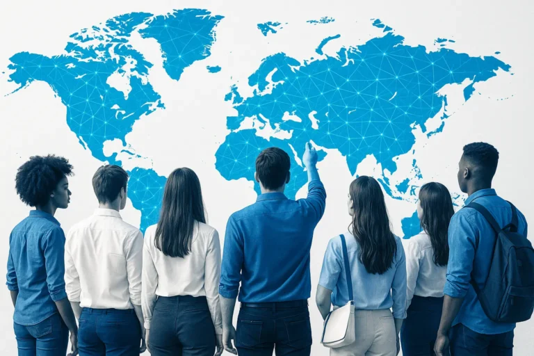 Groupe de cinq jeunes professionnels de dos, regardant une grande carte du monde bleue, l'un d'eux pointant une destination.