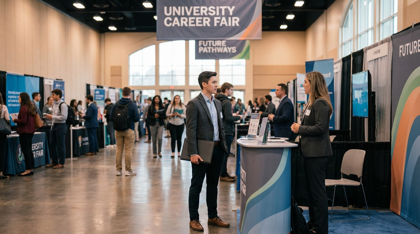 Jeunes diplômés et étudiants visitant les stands d'un Forum Carrière universitaire (University Career Fair) pour trouver des opportunités d'emploi.