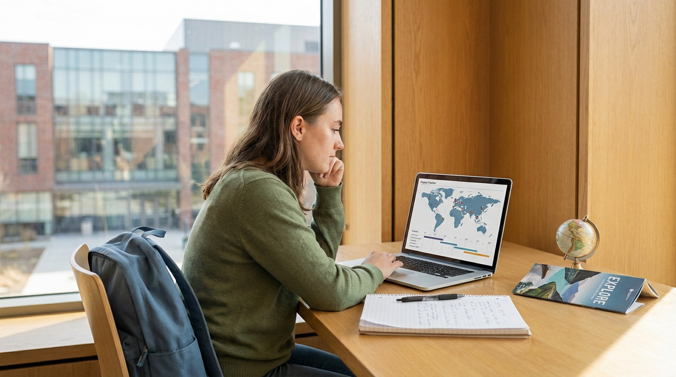 Étudiante ou chercheuse concentrée analysant des données et une carte du monde sur son ordinateur portable dans un bureau d'étude.