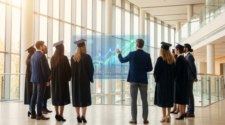 Jeunes diplômés en toge regardant un graphique de croissance ou d'analyse financière, symbolisant le retour sur investissement des études supérieures.
