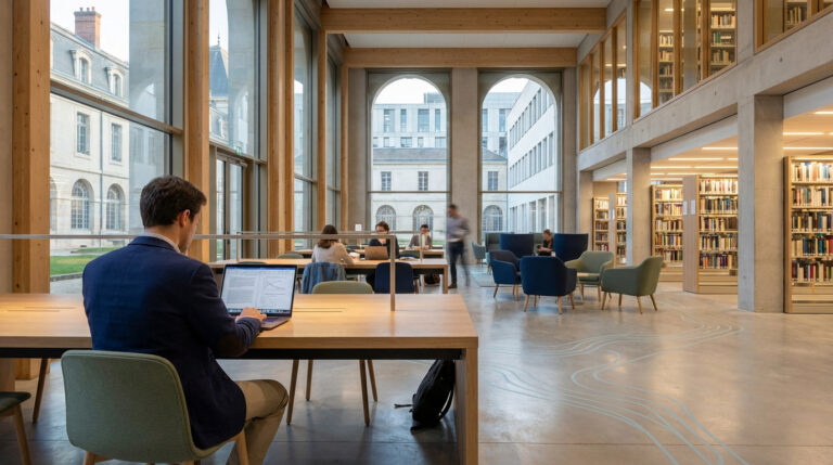 Étudiant travaillant sur ordinateur dans une bibliothèque universitaire moderne et lumineuse.