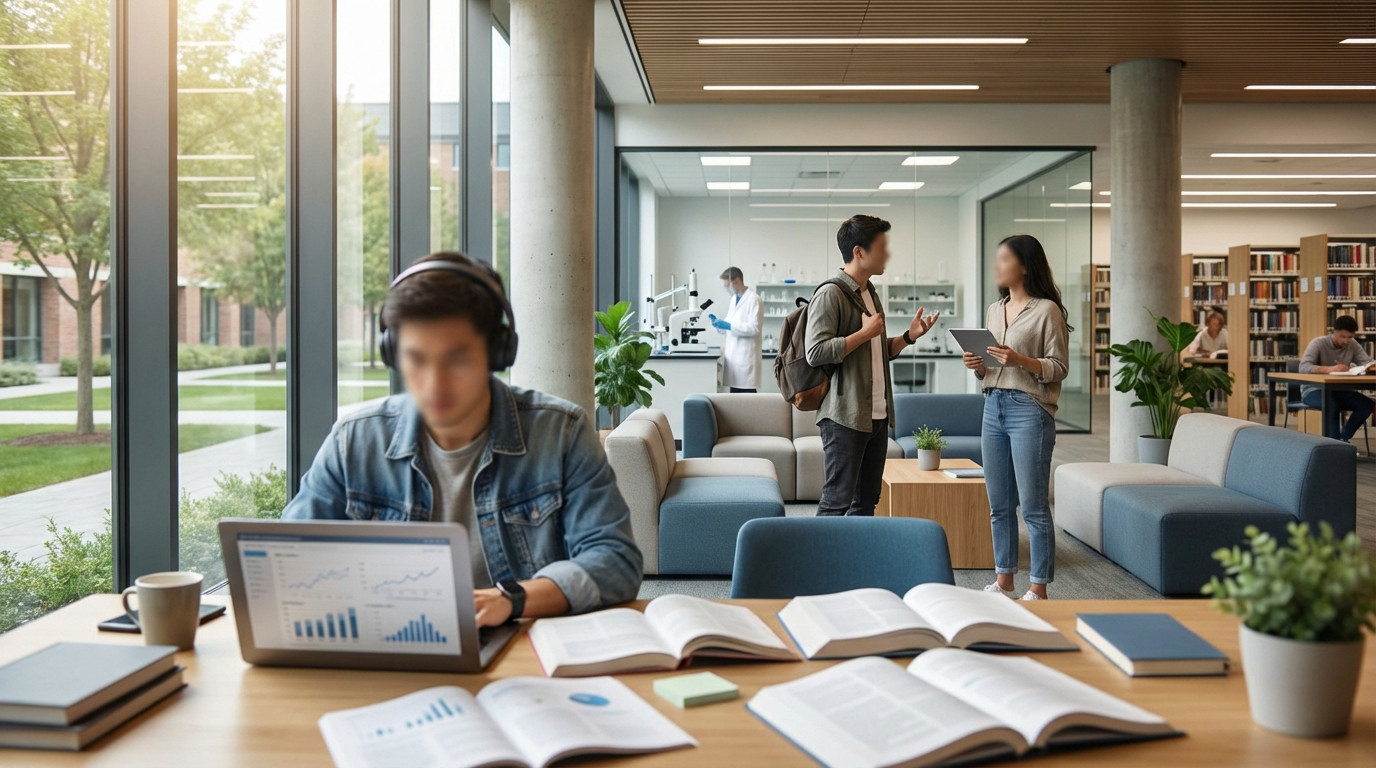 Étudiant concentré avec un casque, travaillant sur son ordinateur portable au milieu de manuels ouverts, dans un espace d'étude universitaire moderne.