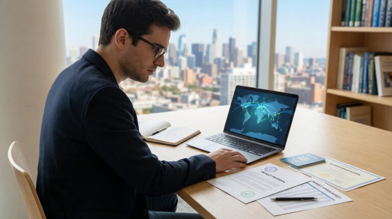 Professionnel analysant une carte du monde (réseau de données) sur son ordinateur portable dans un bureau moderne avec vue sur la skyline.