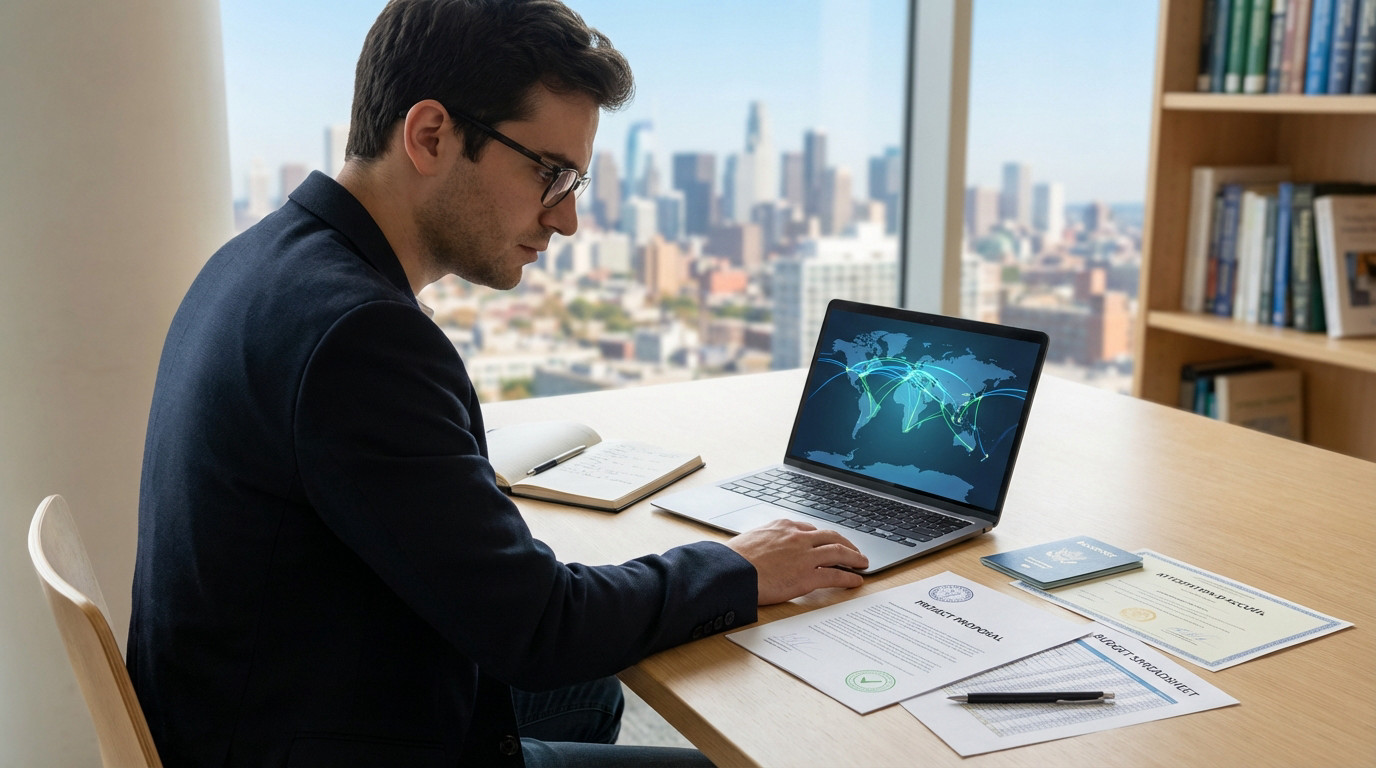 Professionnel analysant une carte du monde (réseau de données) sur son ordinateur portable dans un bureau moderne avec vue sur la skyline.