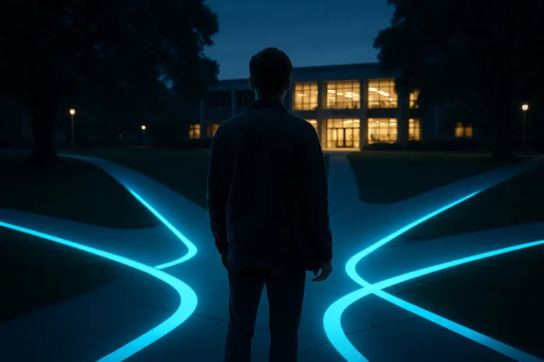 Jeune personne de dos face à un bâtiment universitaire, le chemin lumineux symbolisant un carrefour ou un choix de carrière majeur.