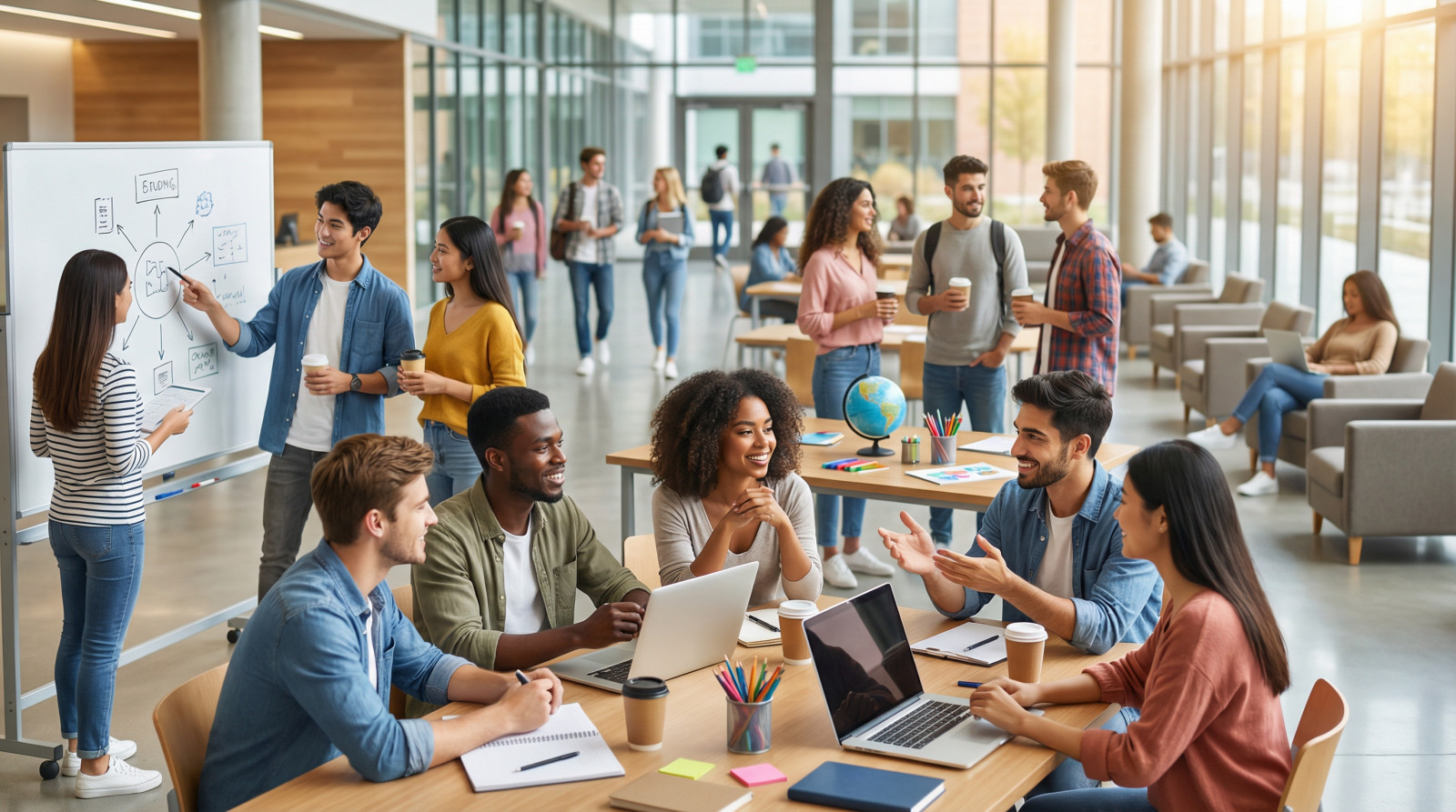 Groupe d'étudiants collaborant autour d'une table avec des ordinateurs portables dans un hall d'université moderne.