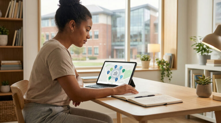 Étudiante concentrée organisant sa recherche de logement sur une carte mentale sur une tablette, avec vue sur le campus universitaire.