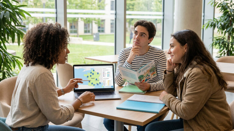 Étudiants en consultation devant une carte interactive sur ordinateur portable.