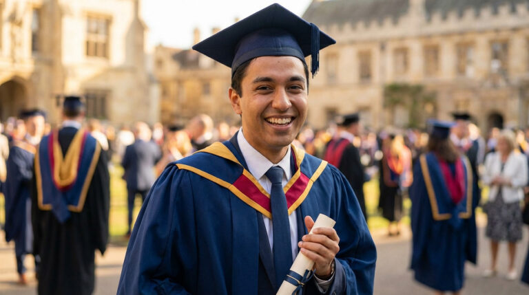 Jeune diplômé souriant, portant la toge universitaire et tenant son diplôme en rouleau après la cérémonie de remise des diplômes.