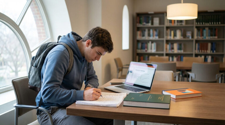 Étudiant concentré prenant des notes dans un cahier tout en travaillant sur un ordinateur portable, dans une bibliothèque universitaire.