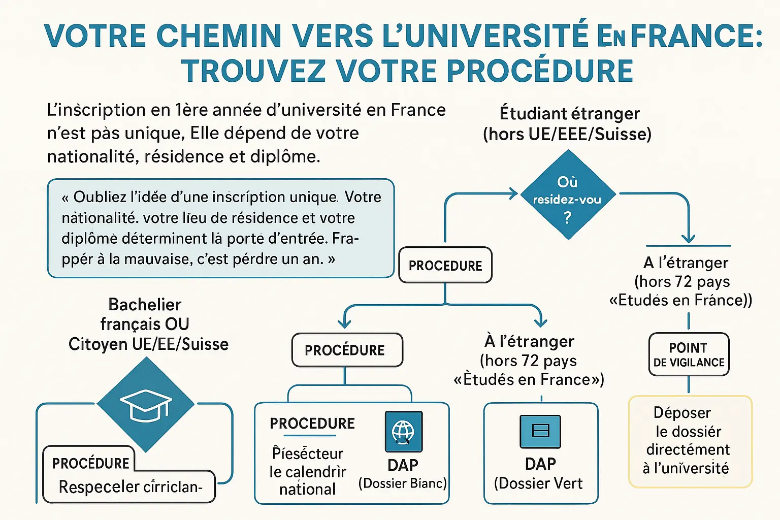 Schéma illustrant les différentes voies d'inscription à l'université en France selon le profil de l'étudiant.